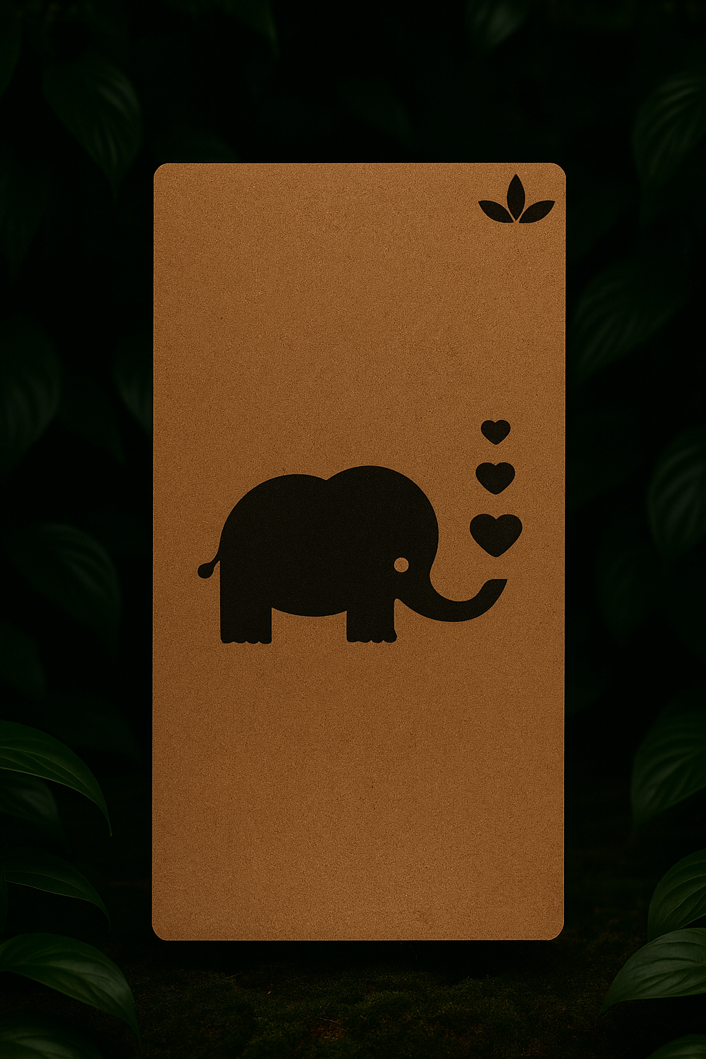 Kraft paper card with an elephant and heart design on a dark green leafy background