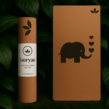 Load image into Gallery viewer, Brown yoga mat with elephant design and 'lauryan' branding on a dark green leafy background