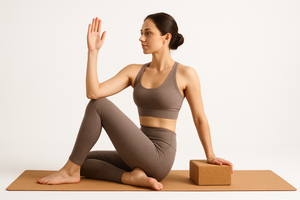 female yogi on cork block on cork mat with white background