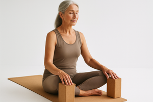 older female yogi using cork blocks on cork mat with white background